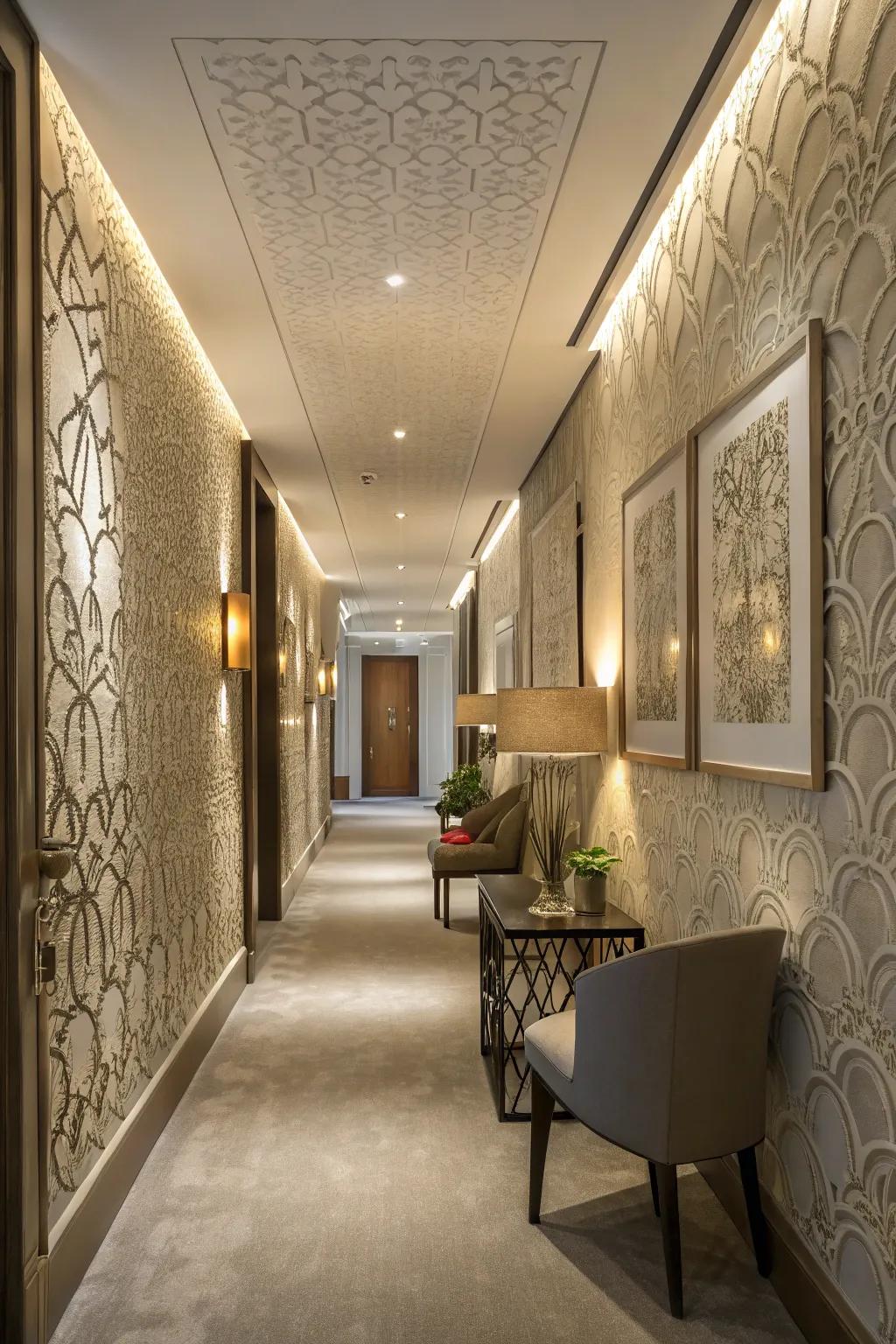 Textured wallpaper enriches a modern hallway, adding depth and visual appeal.