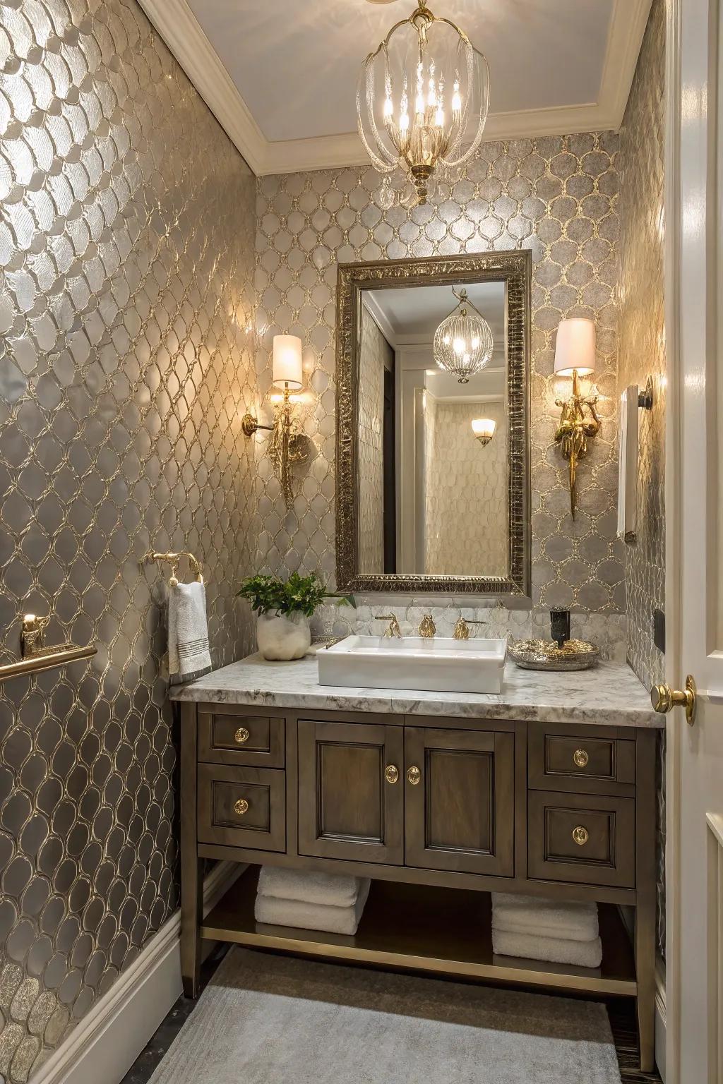 A luxury wallpaper adds elegance to a small powder room.