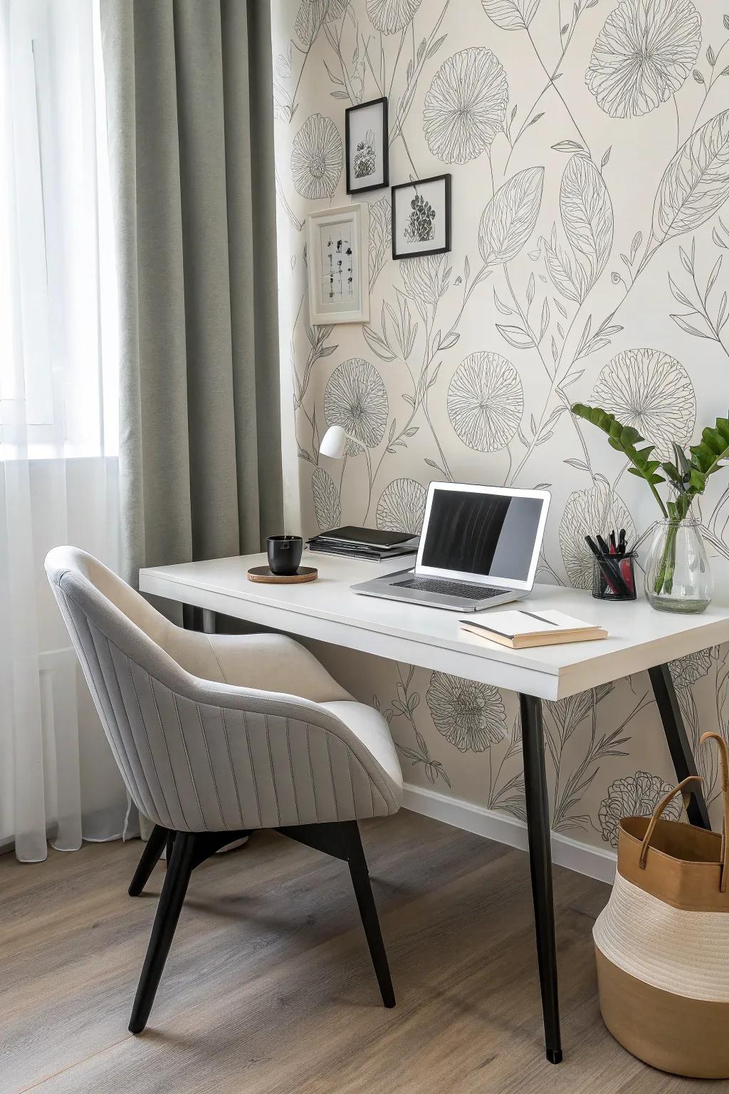 A minimalist wallpaper design adds subtle elegance while improving focus in a home office environment.