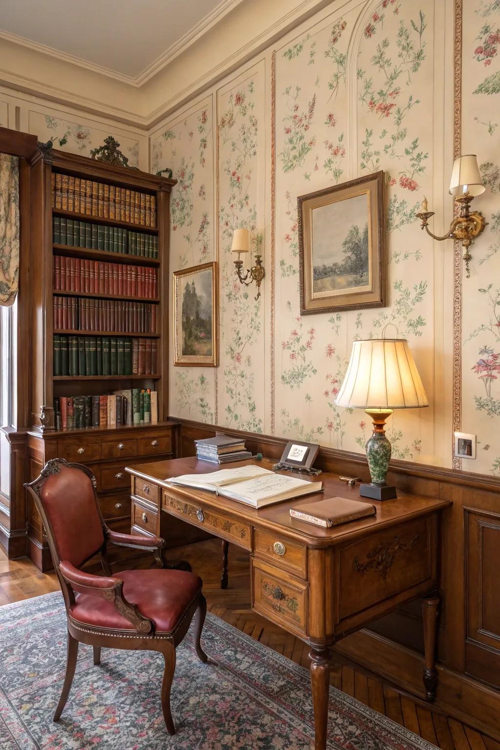 Vintage wallpaper adds old-world charm to a stylish study.