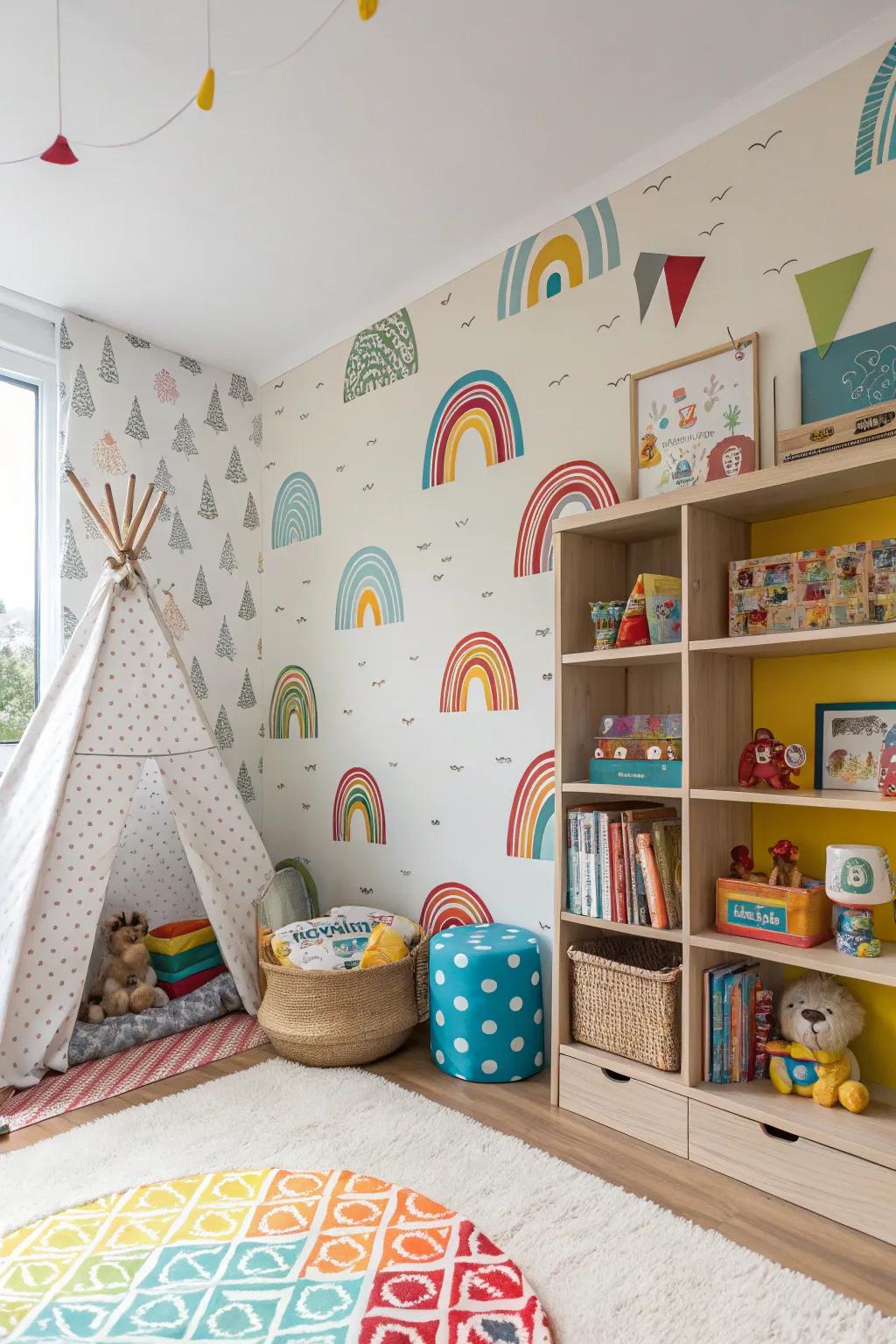 A playful wallpaper adds fun and fantasy to a child's room.
