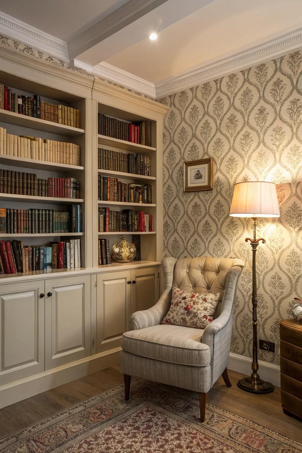 Classic wallpaper adds sophistication to a cozy home library.