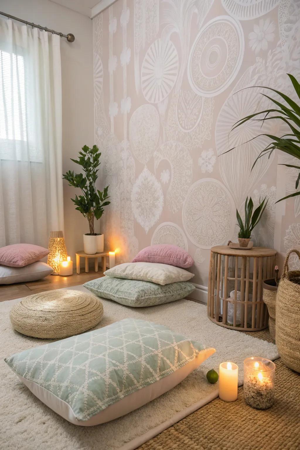 Calming pastel wallpaper creates a tranquil meditation corner.