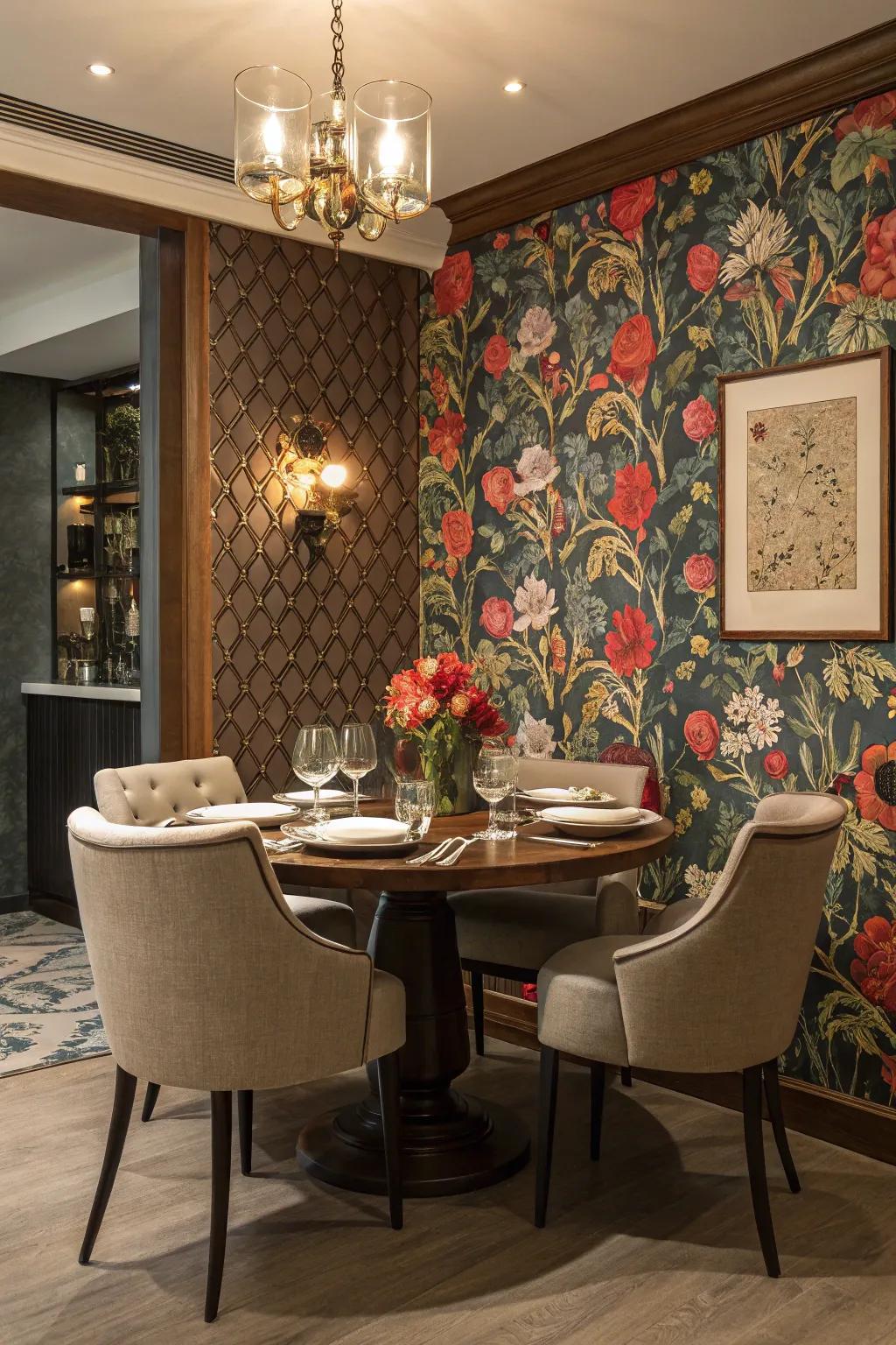 Bold floral wallpaper turns the dining area into a vibrant and welcoming space.