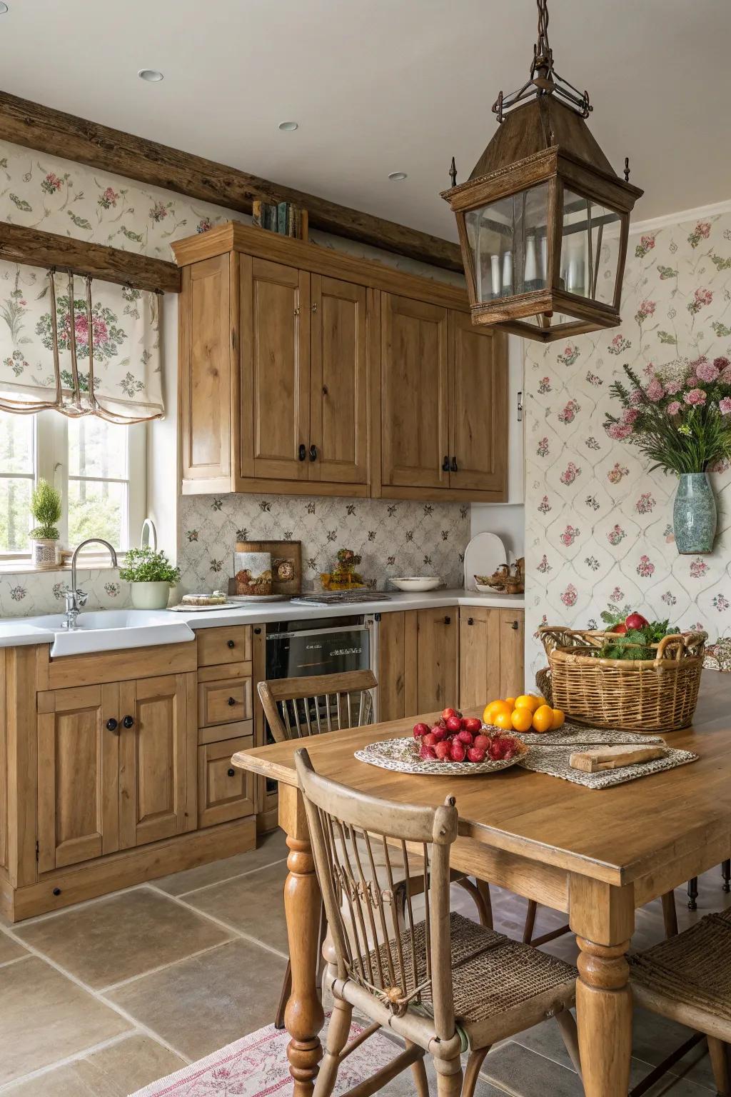 Farmhouse-style wallpaper adds rustic charm to a cozy kitchen.