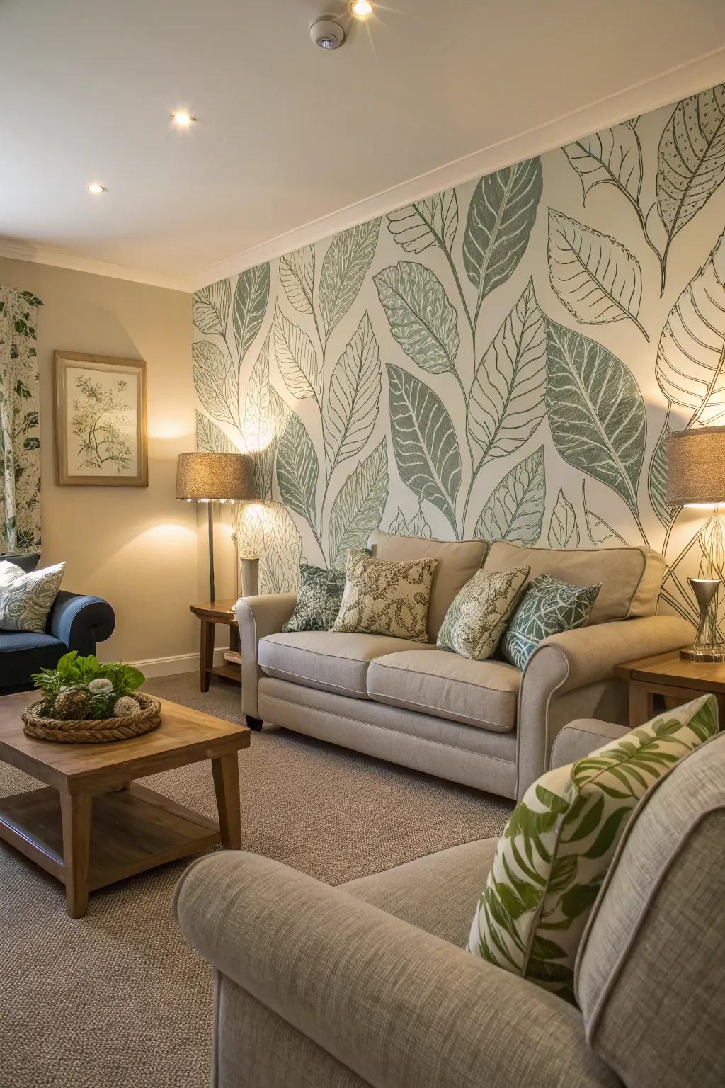 A nature-inspired living area, where leafy wallpaper provides a refreshing and serene environment.