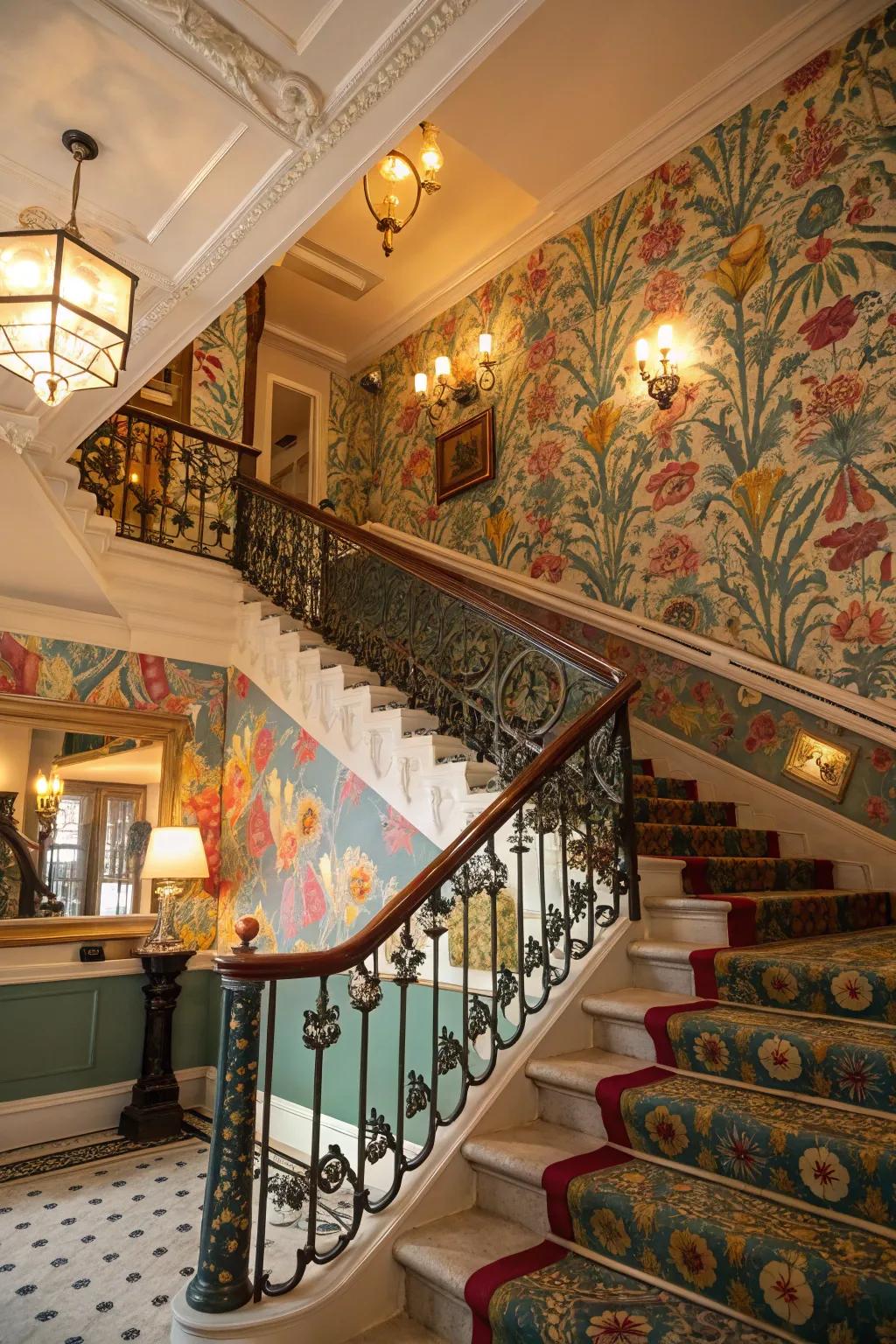 Vibrant wallpaper transforms a staircase into a bold, eye-catching feature.