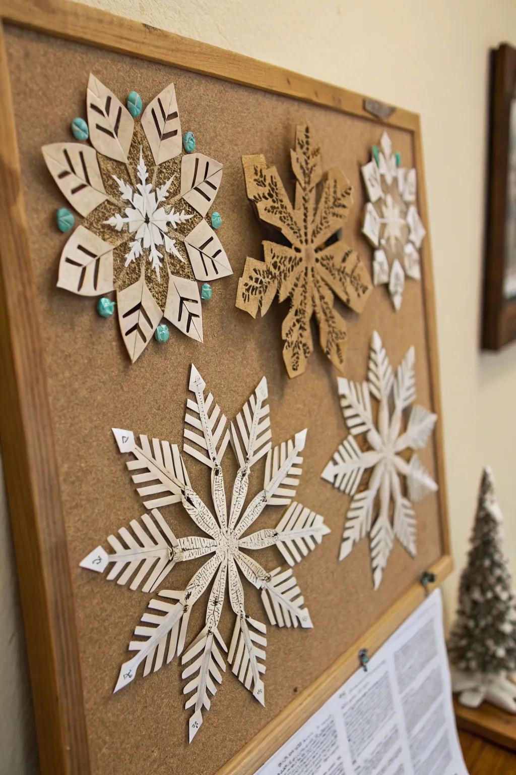 Reclaimed materials impart an eco-conscious twist to snowflake crafting.