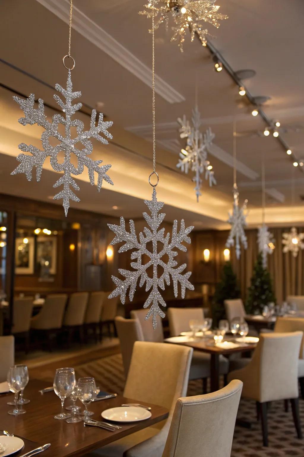 Iridescent snowflakes contribute a glamorous element to any festivity.