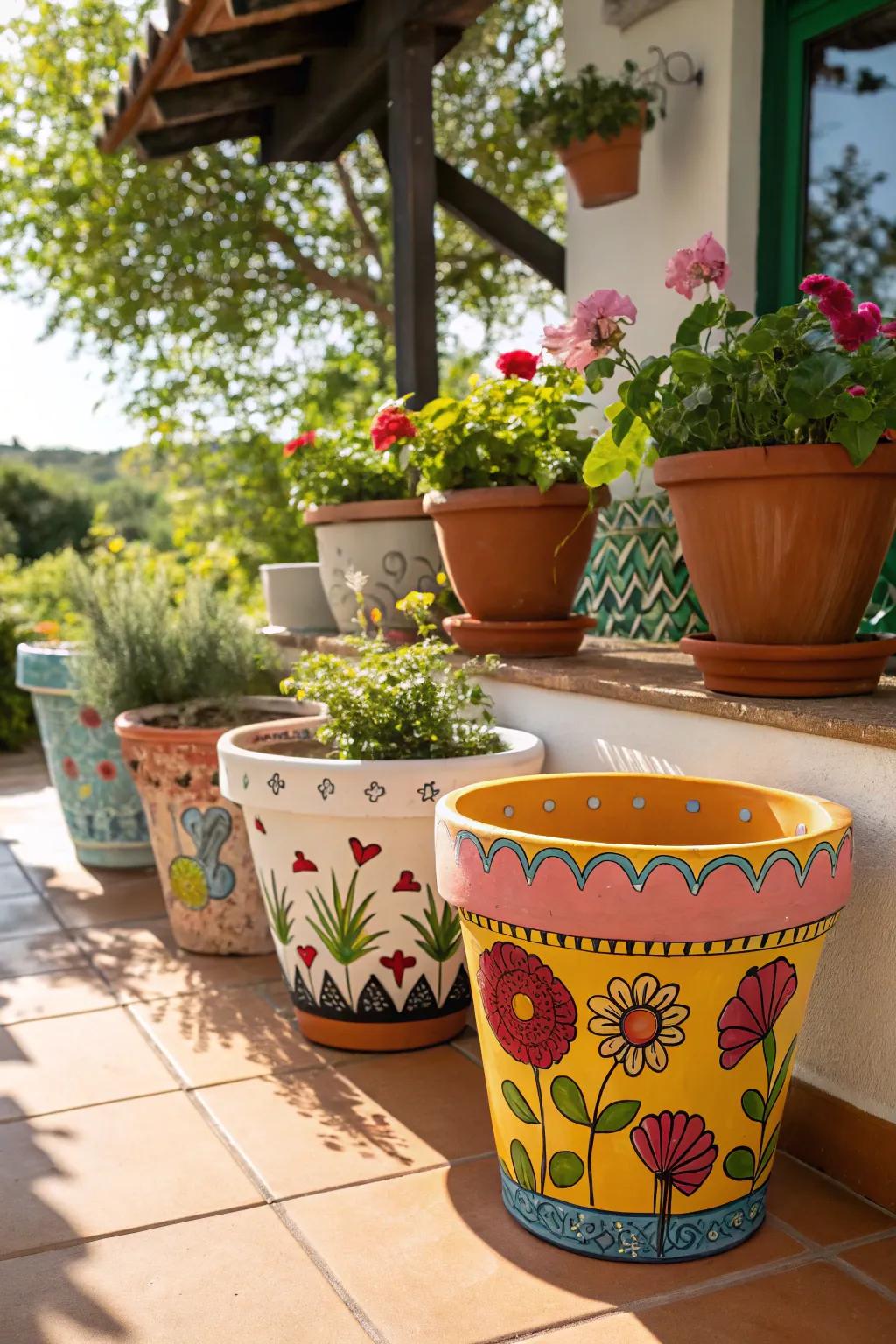 Handcrafted flower pots add vibrant charm to any garden.