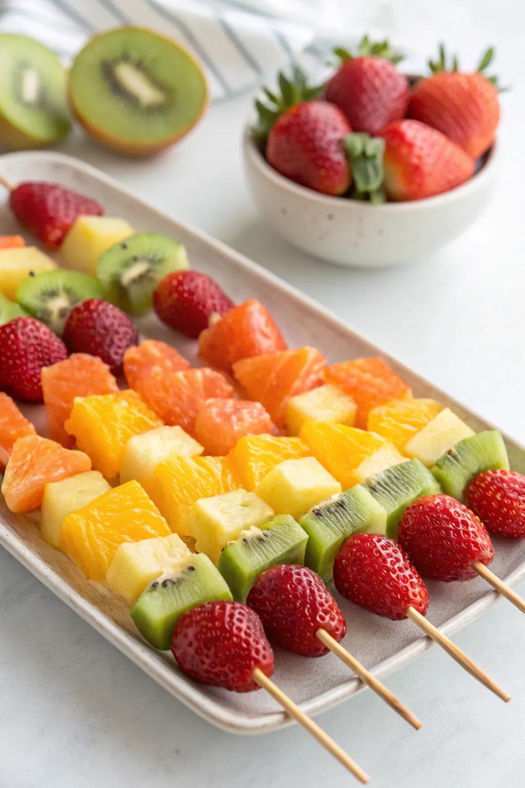 Bright spectrum fruit skewers: a nutritious and colorful choice for a sparkle horse party.