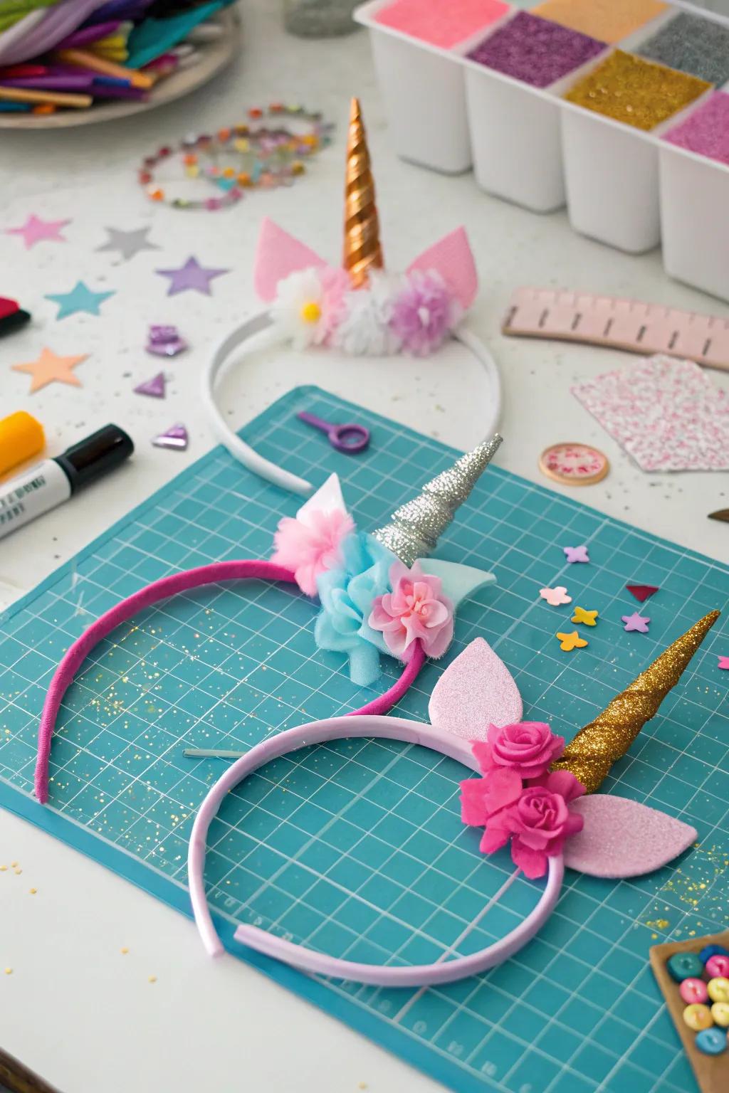 DIY sparkle horse headbands ready for little guests to wear and enjoy.