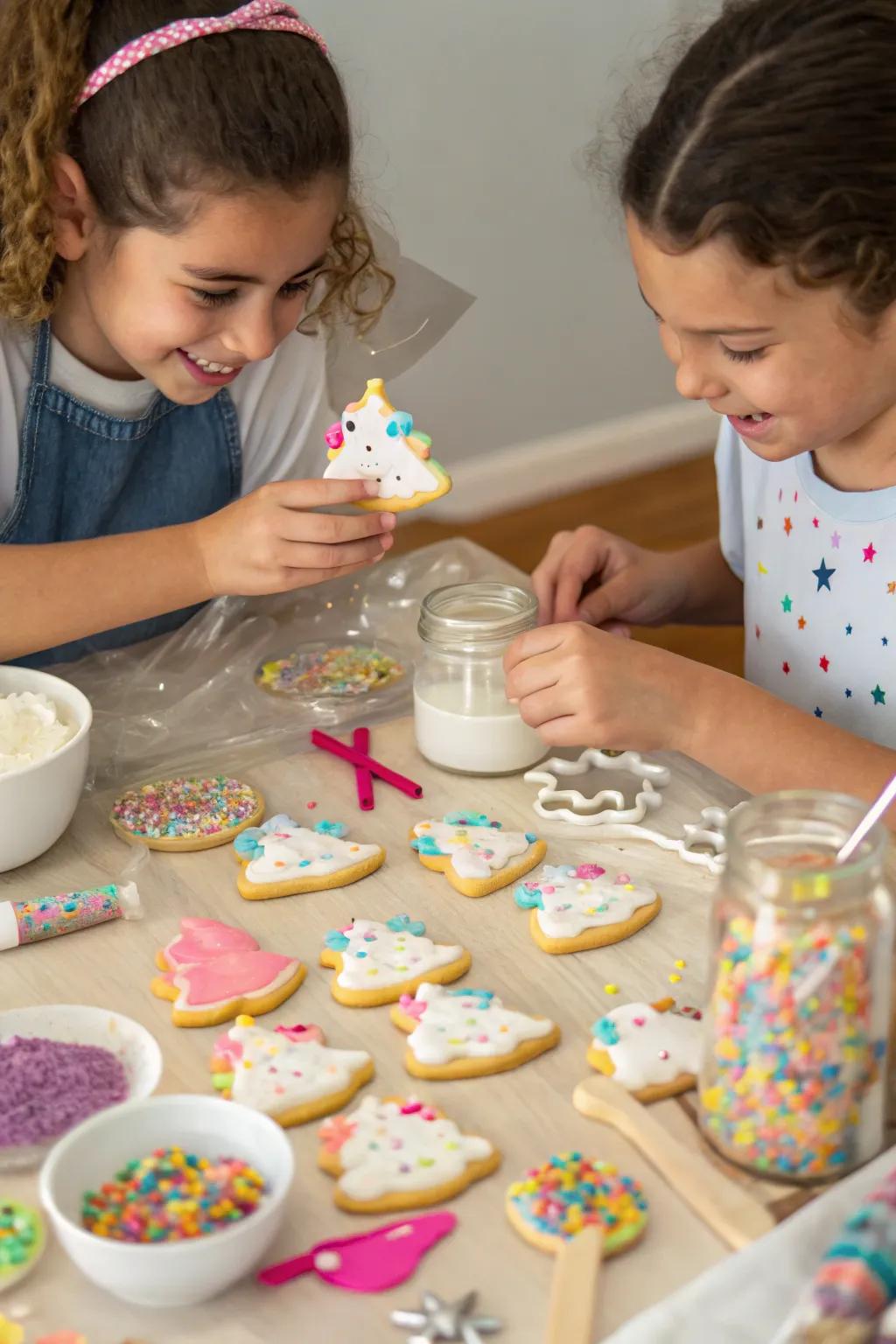 Children decorating cookies with colorful icing.
