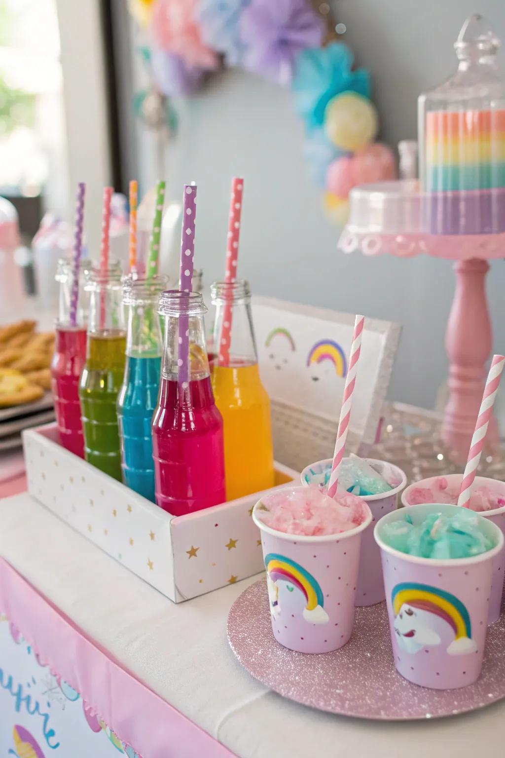 A vibrant station with themed straws.