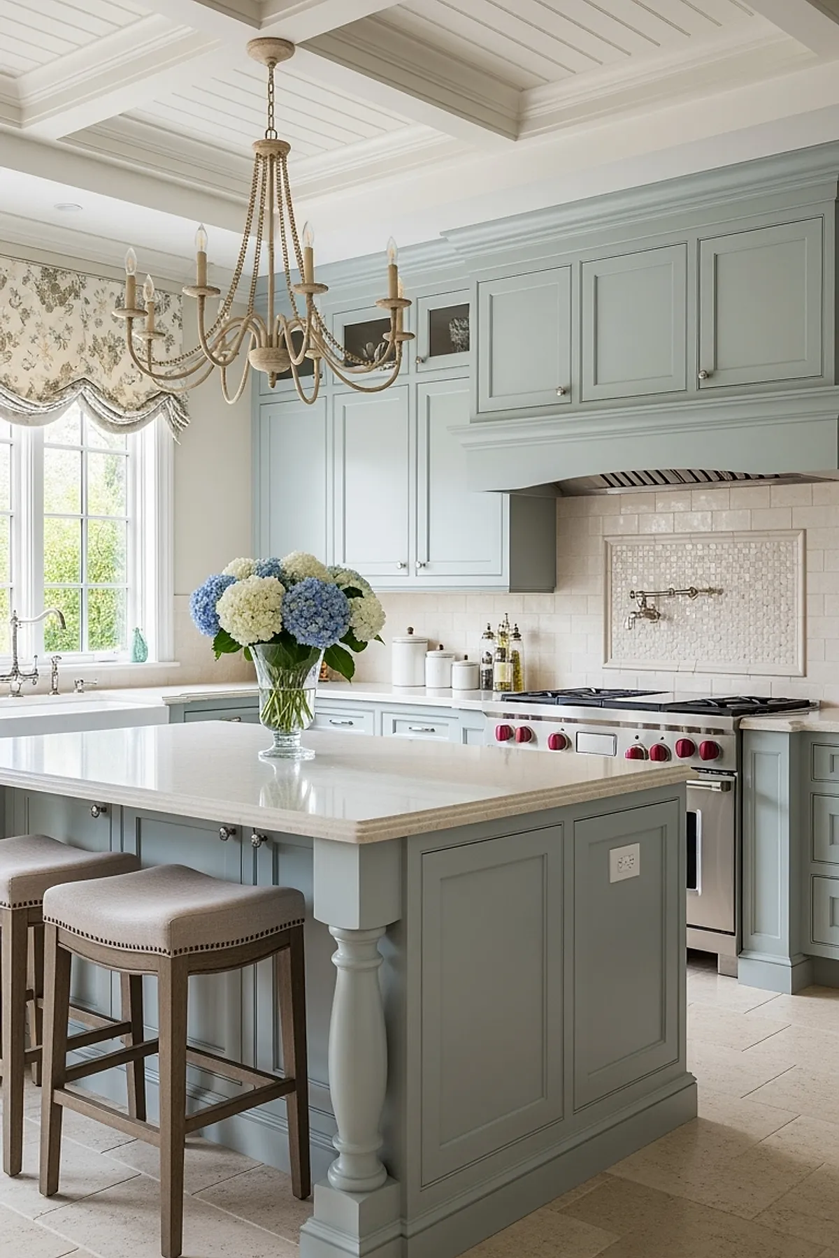 French country kitchen with pale blue painted cabinetry, large marble countertop island, beige tiled floor, floral valance over window, wooden chandelier, and clear glass vase of blue and white hydrangeas.