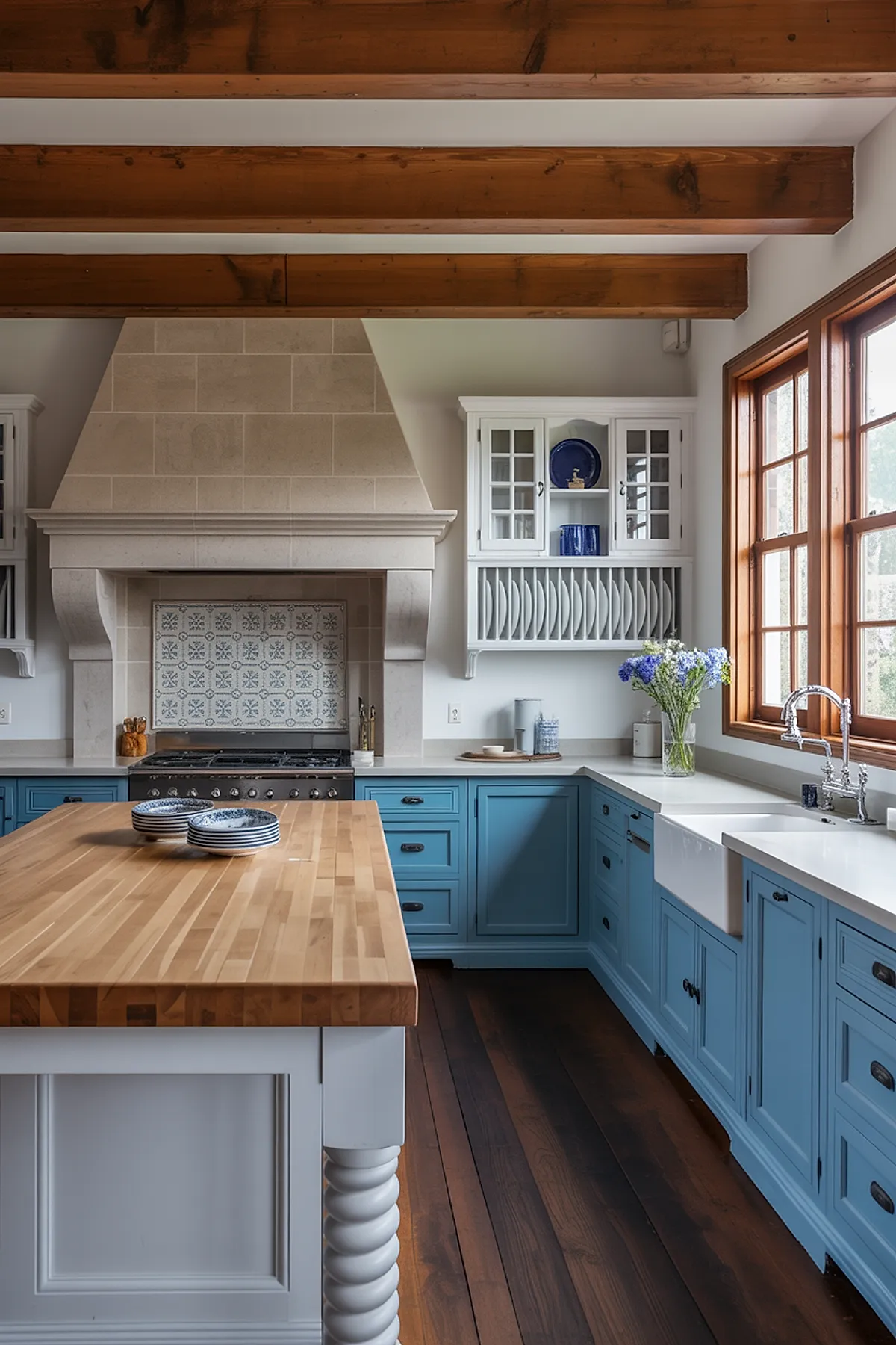 French country kitchen with bright blue lower cabinets, white upper cabinets with glass fronts and plate rack, large butcher block island with twisted legs, stone range hood with tile backsplash, exposed wood ceiling beams, dark hardwood floor, and large wooden framed windows.