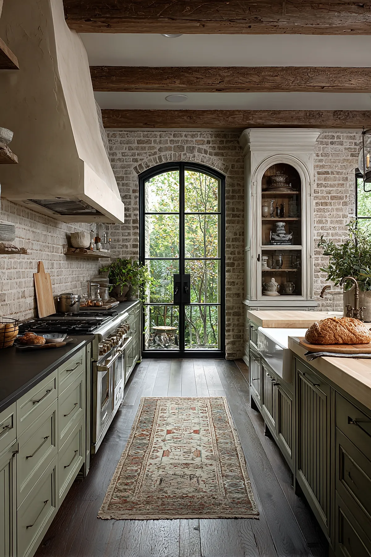 Rustic French kitchen with exposed brick walls, muted green lower cabinets with black countertops, large arched black metal window, wooden ceiling beams, patterned runner rug on dark wood floor, and cream-colored hood above stove.