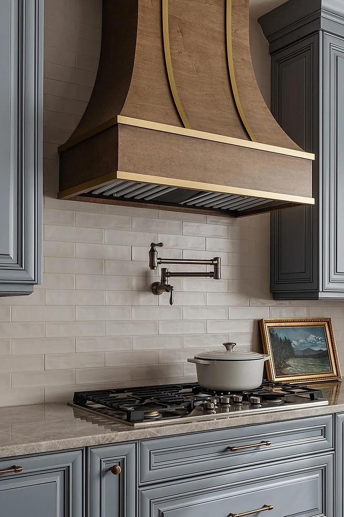 French kitchen with gray paneled cabinets, wooden range hood trimmed in brass, stainless steel gas cooktop with white pot, brass pot filler faucet mounted on beige subway tile backsplash, framed landscape painting resting on countertop.