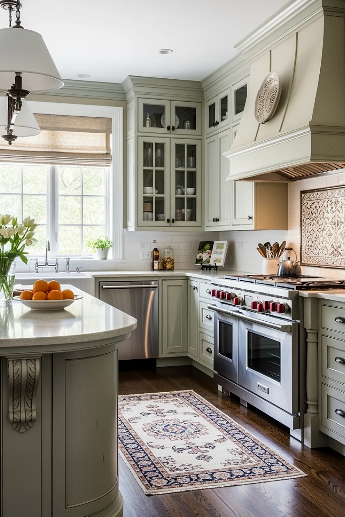 French country kitchen with muted gray-green cabinetry, marble countertops, stainless steel stove with red knobs, glass-front upper cabinets, patterned cream and navy area rug on dark hardwood floor, and large window with beige roman shade.