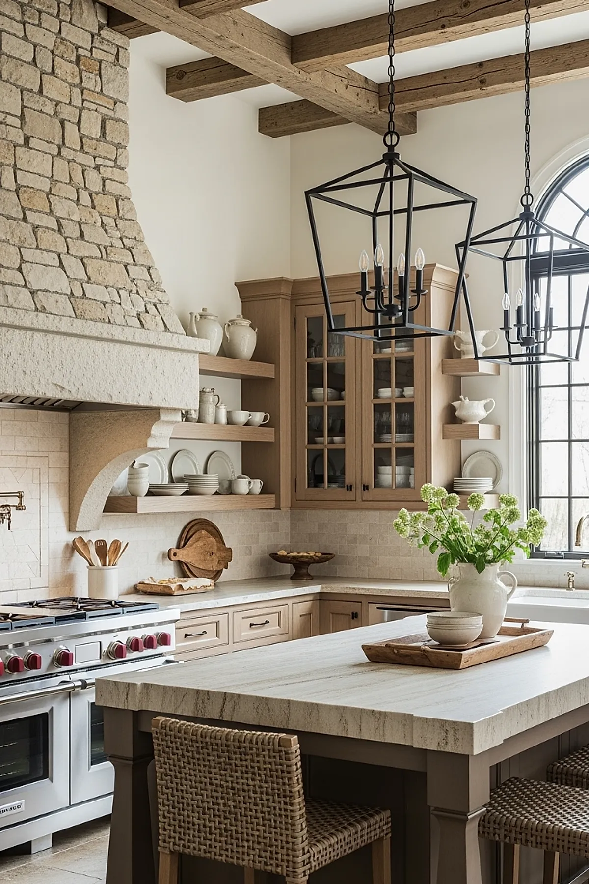 French country kitchen featuring large stone range hood, exposed wooden ceiling beams, open wood shelves with white ceramic dishes, marble countertop island with woven rattan bar stools, beige cabinetry, and arched window with black metal frame.