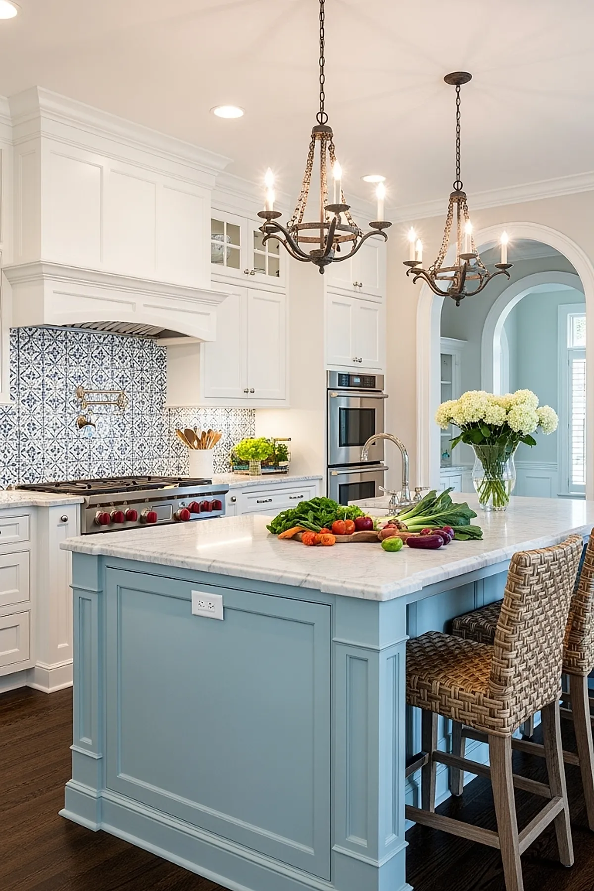 French country kitchen featuring blue painted island with white marble countertop, blue and white patterned tile backsplash behind stove, white cabinetry, stainless steel oven, woven bar stools, and dark wood floors.