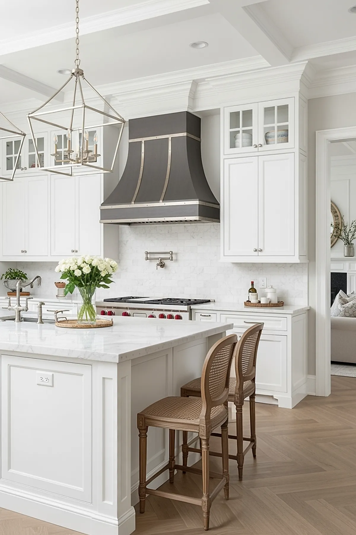 White French country kitchen featuring large gray metal range hood with silver trim, white cabinetry with glass-front upper cabinets, marble countertop island with wicker-back wooden stools, and chevron patterned light wood flooring.