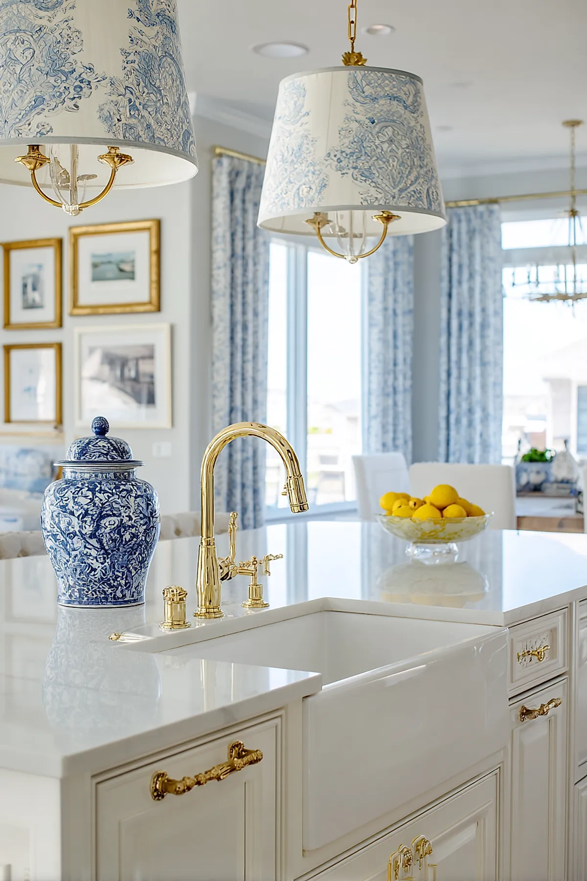 Bright French country kitchen with white marble island, gold faucet and fixtures, large blue and white ceramic ginger jar, hanging pendant lamps with blue floral shades, matching curtains, bowl of lemons on counter.