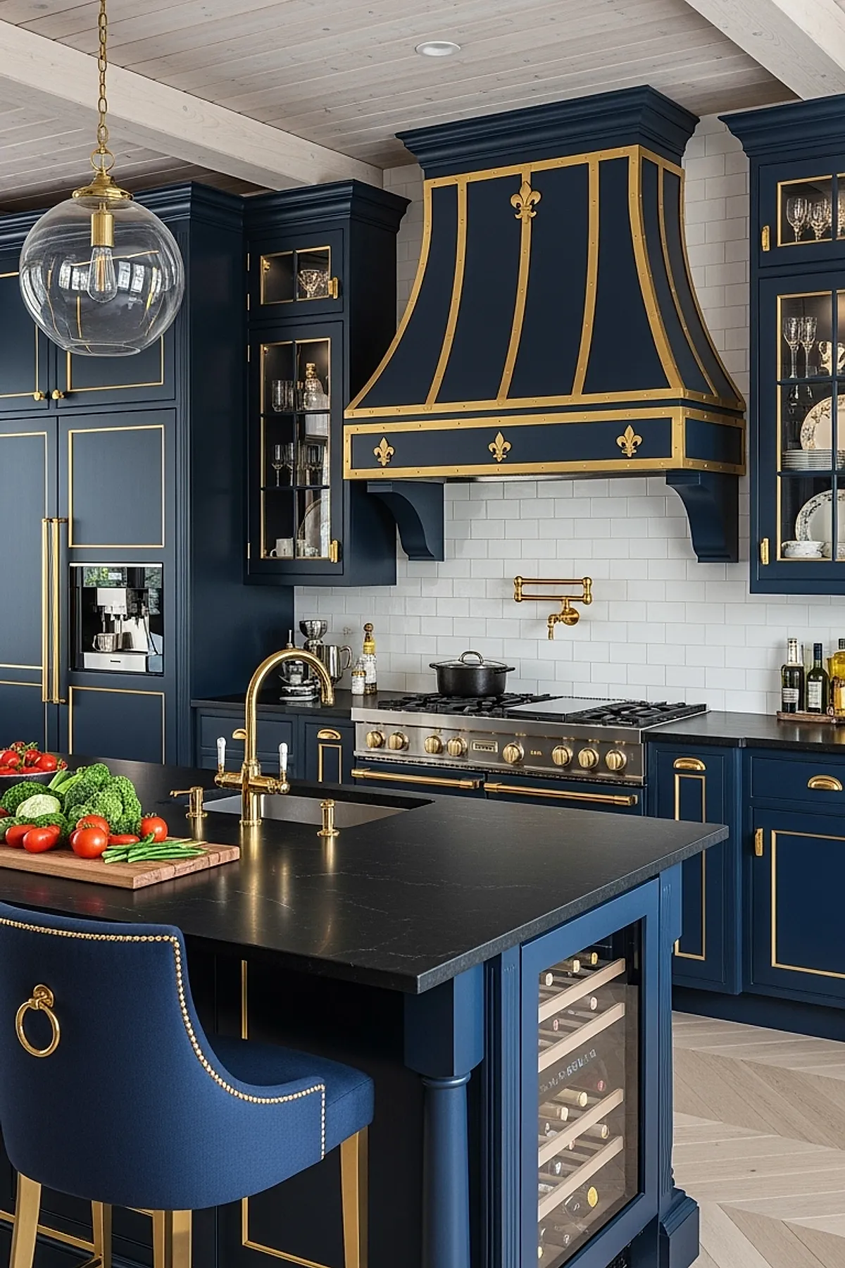 French country kitchen featuring navy blue cabinets and range hood with gold trim, brass faucet and pot filler, white subway tile backsplash, black countertop island with brass sink faucet, and glass pendant light.