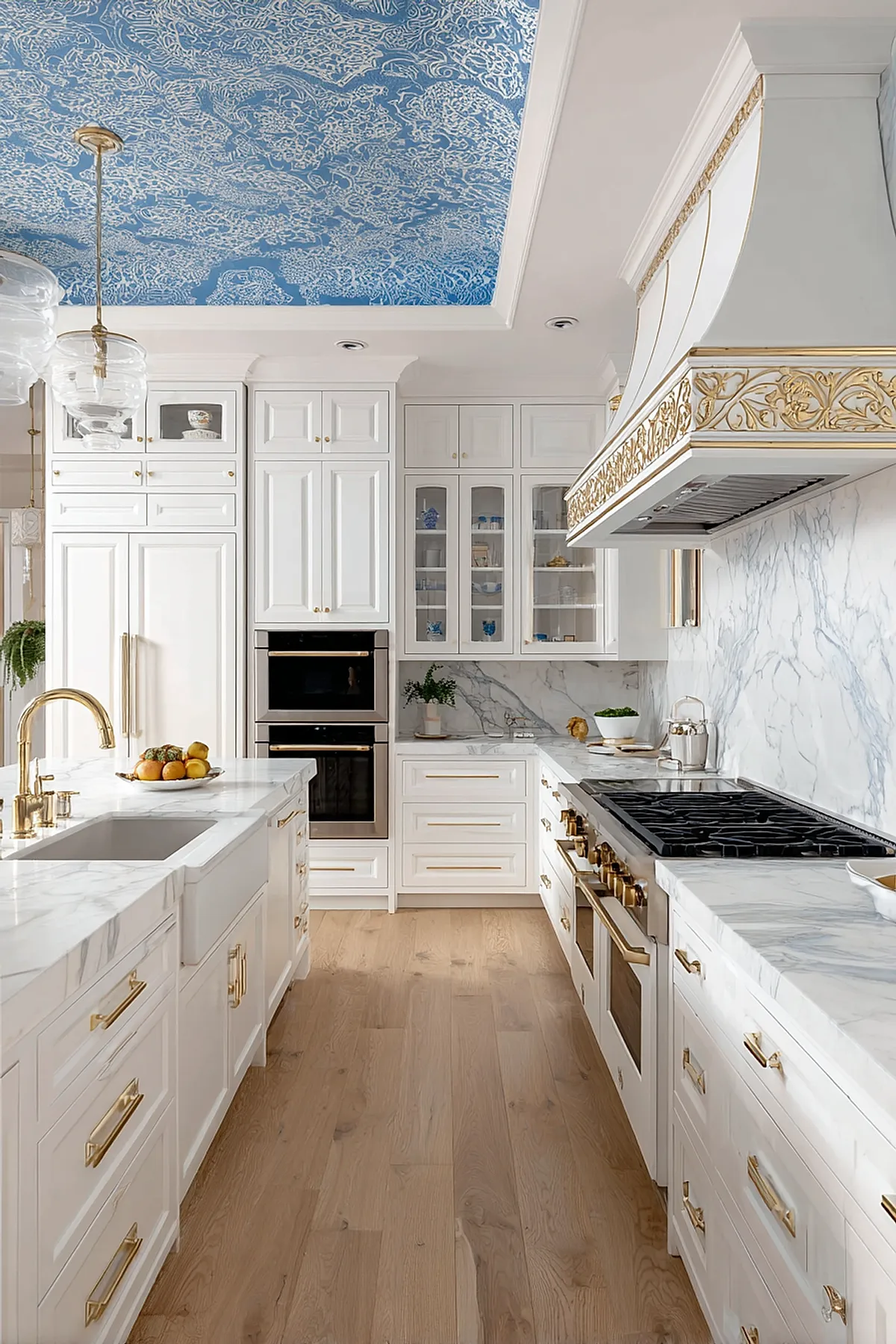 Bright French country kitchen with white cabinets, marble countertops and backsplash, ornate gold-trimmed vent hood, brass hardware, wood floors, and blue patterned ceiling.