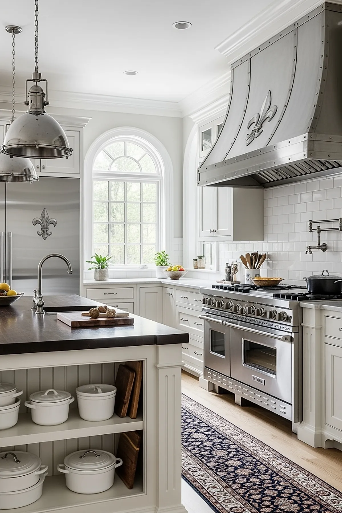 Bright French country kitchen with stainless steel range hood featuring fleur-de-lis detail, white cabinetry, dark wood island countertop, large arched window, subway tile backsplash, and stainless steel refrigerator also accented with fleur-de-lis.