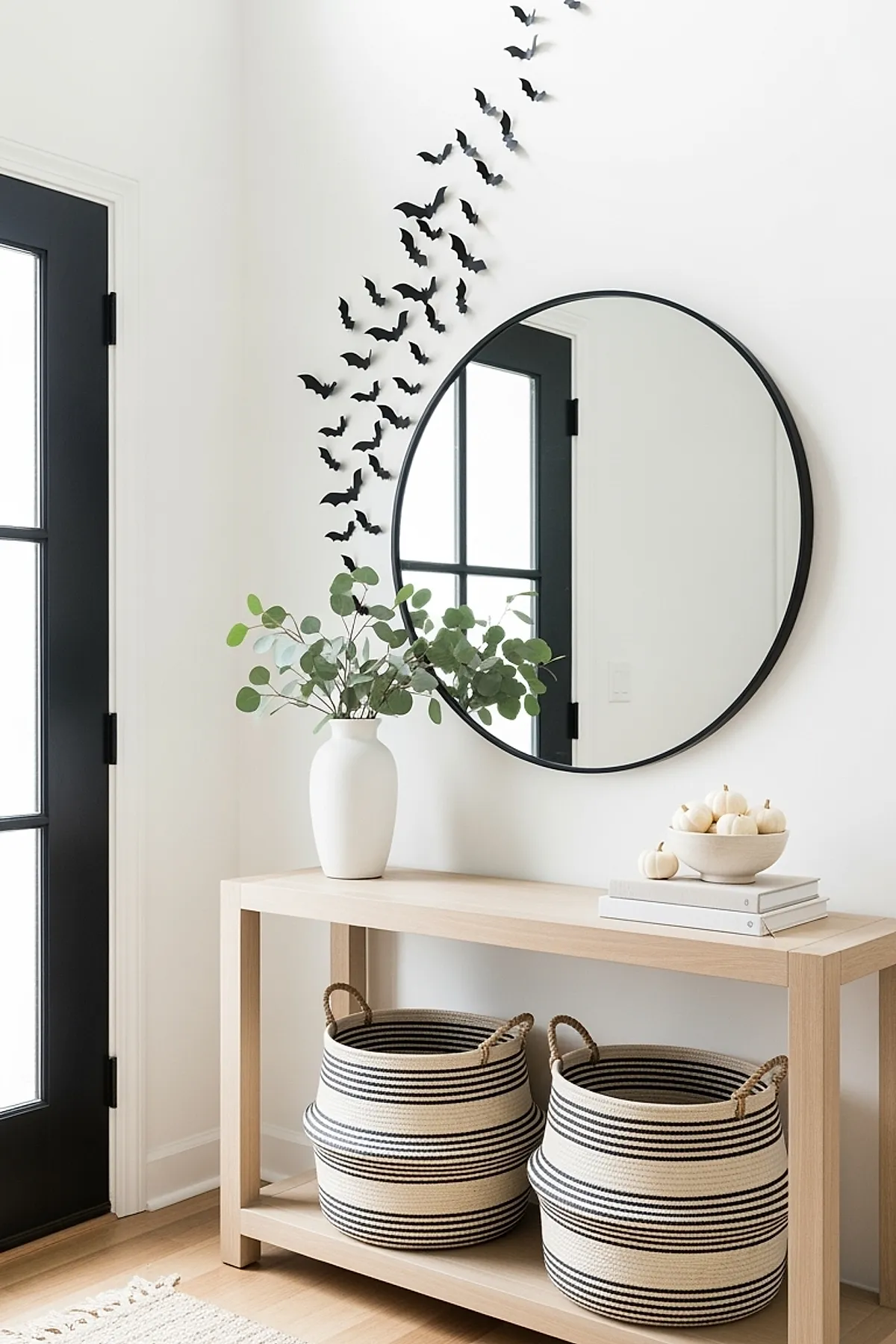 Round mirror on beige wall decorated with numerous black paper bat cutouts appearing to fly outward. Below, wooden shelf holds two small yellow pumpkins next to a dark ceramic jug with dried branches. A side table covered in black spiderweb-patterned mesh cloth displays six white and yellow pumpkins.