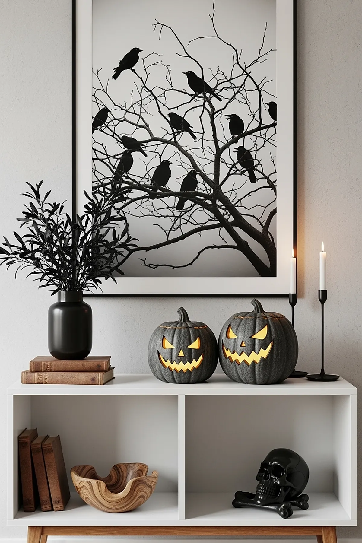 White shelving unit displaying two glowing gray jack-o-lantern pumpkins, a black matte vase with dark leafy stems atop stacked brown books, two tall black taper candles in minimalist holders, and a large framed monochrome photo of crows perched on bare tree branches against a light wall.