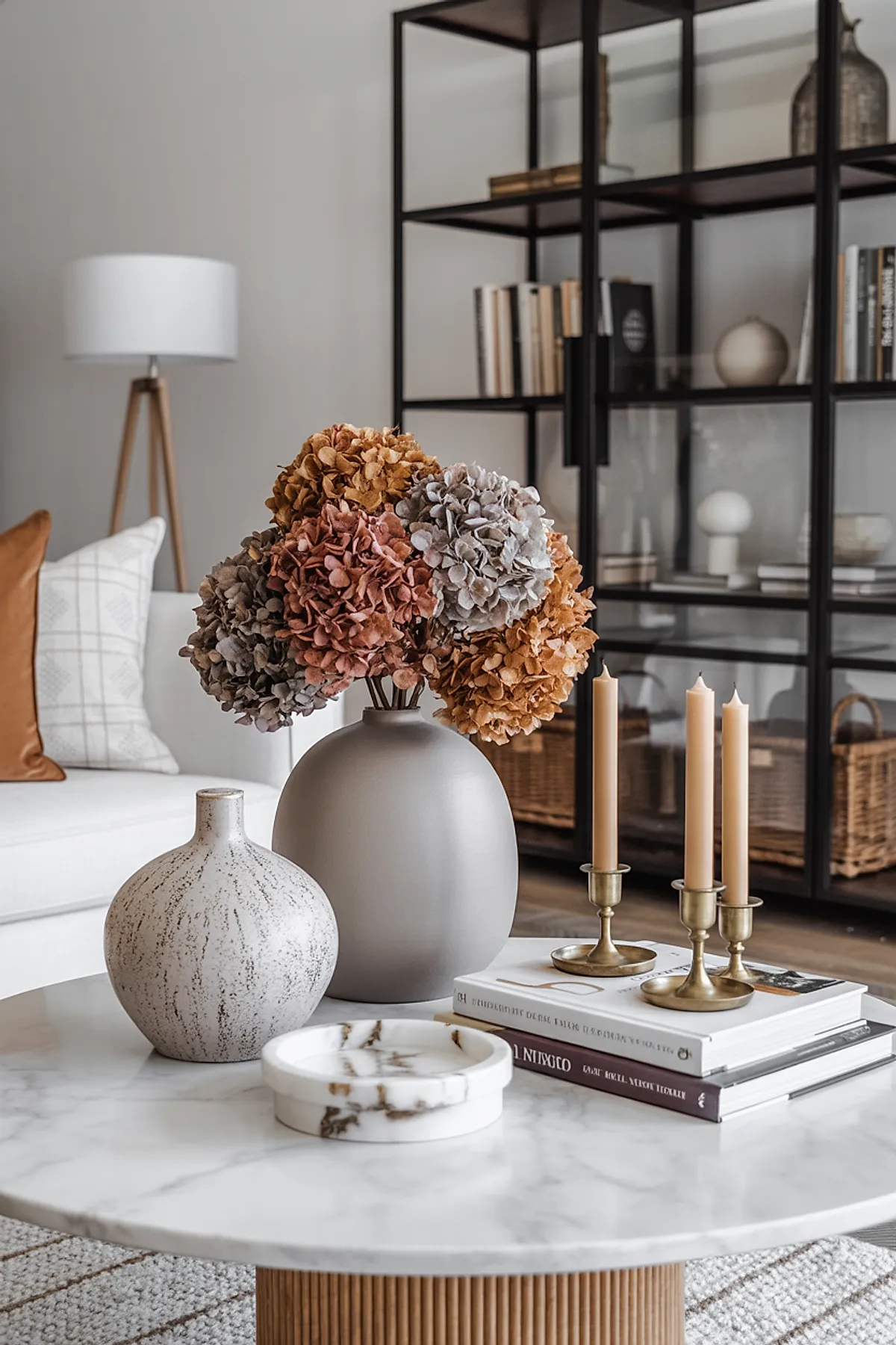Marble round table displaying two matte neutral ceramic vases holding dried hydrangeas in brown, rust, and gray tones, next to three tall beige taper candles in brass holders resting on stacked books.