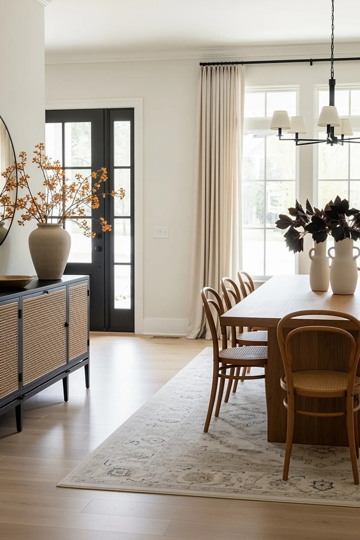Dining room featuring light wood table and chairs on a patterned neutral rug, black framed glass door, woven cabinet, large round wall mirror, and ceramic vases holding dark and orange fall foliage.