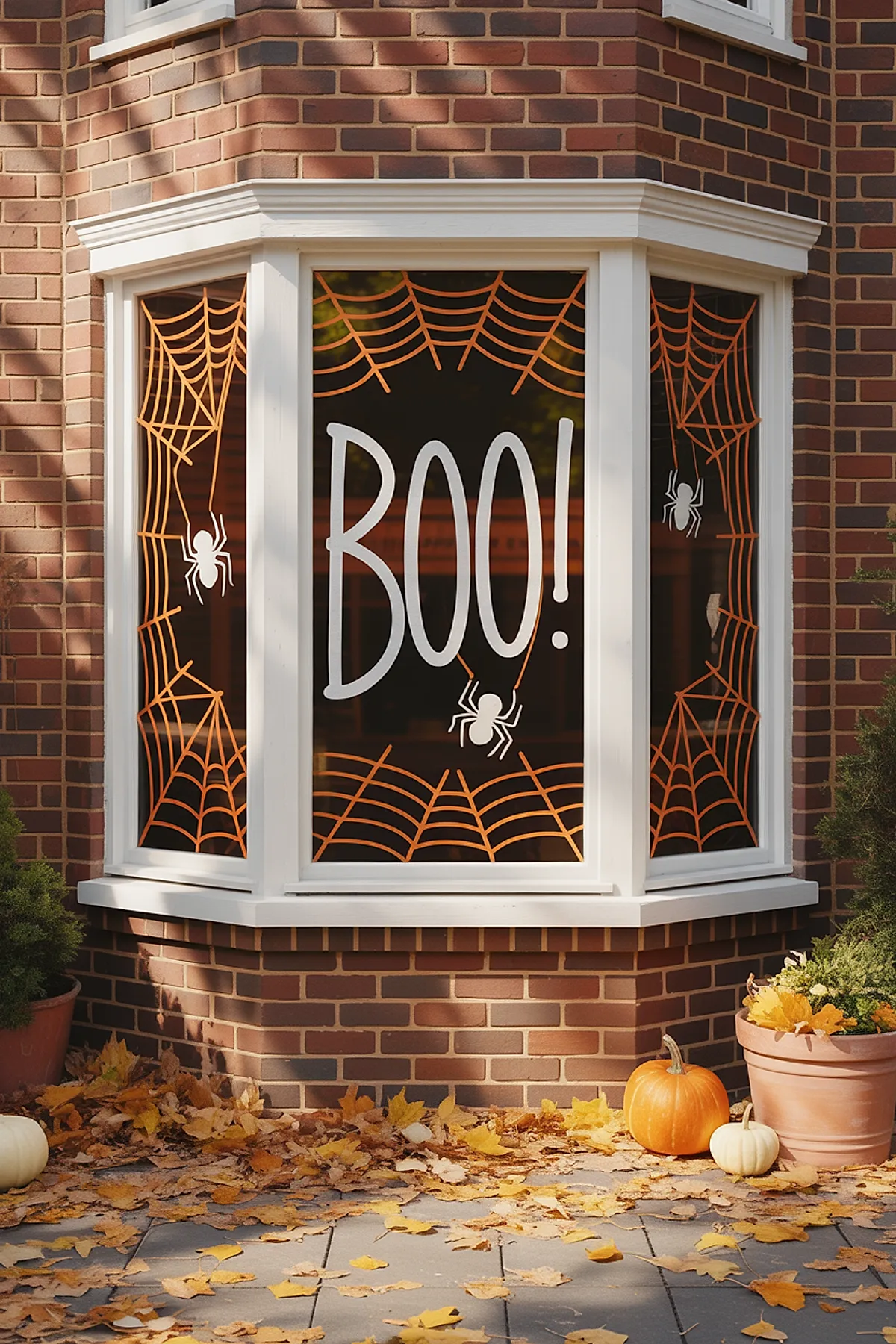 Bay window decorated with orange spider web outlines and white spiders surrounding large white text that reads BOO on black background.