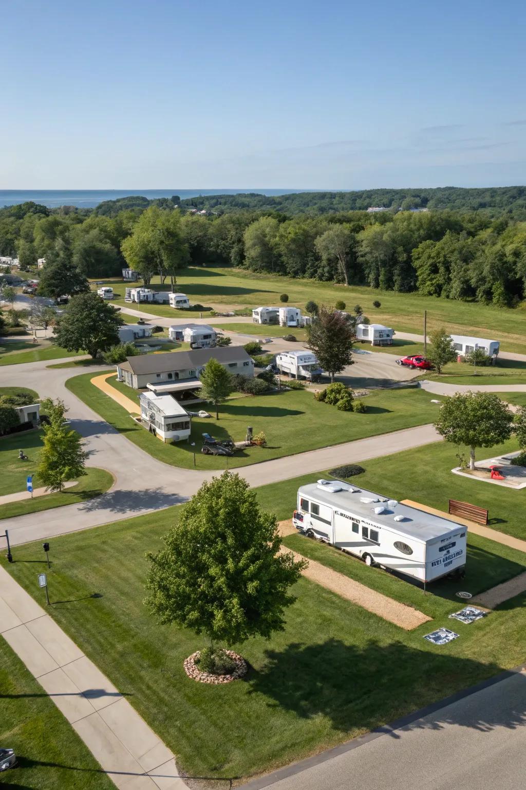 A modern RV park blueprint with varied spot choices.