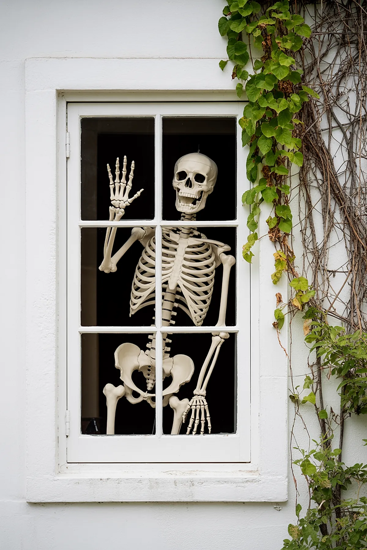 White-framed window showing a life-sized skeleton inside, waving with one hand raised; green leafy vines climb along the white exterior wall beside the window.