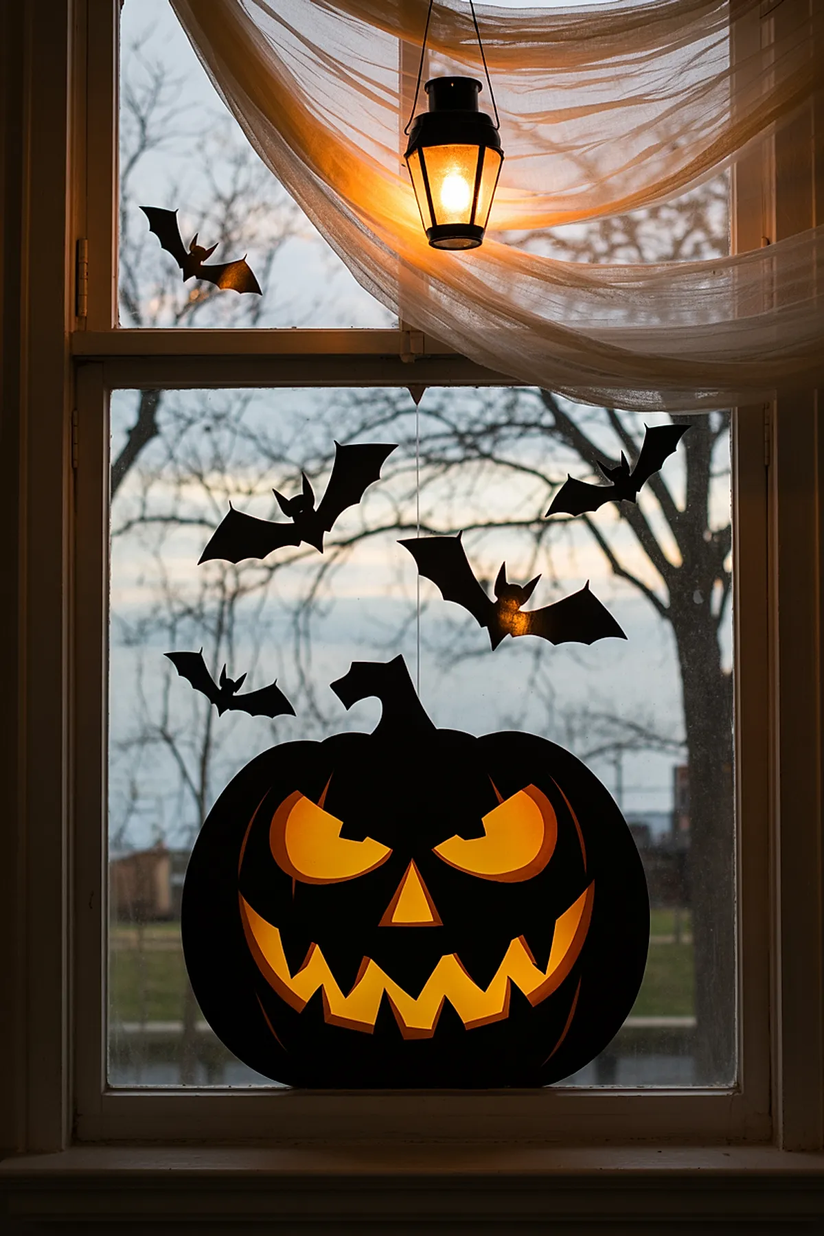 Window decorated with black jack-o-lantern silhouette showing glowing yellow eyes and mouth, surrounded by multiple black bat cutouts, sheer curtains draped above, and a hanging lit lantern.