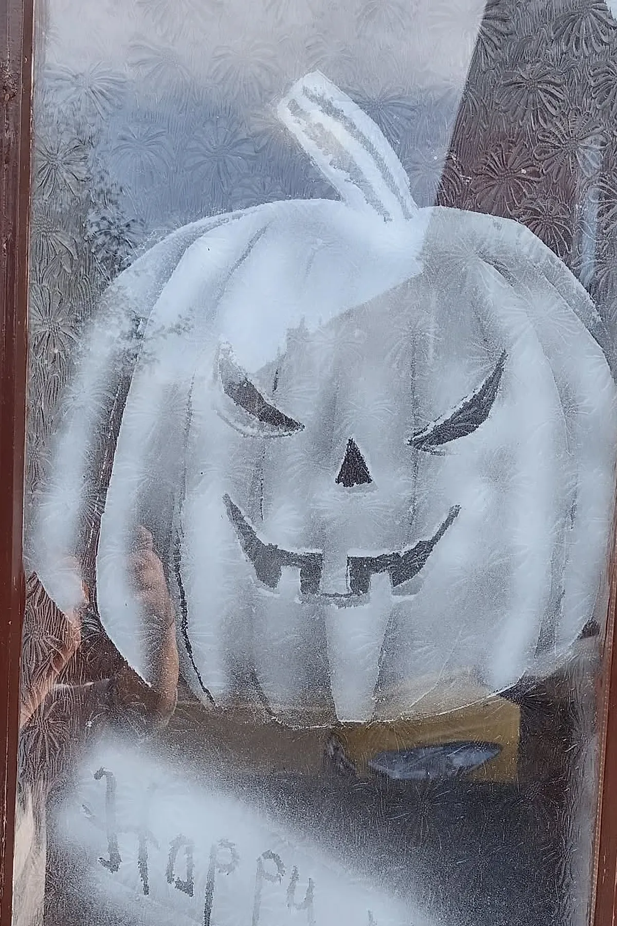 Window painted with a large white pumpkin featuring carved eyes, nose, and mouth details in darker gray shades on frosted textured glass.