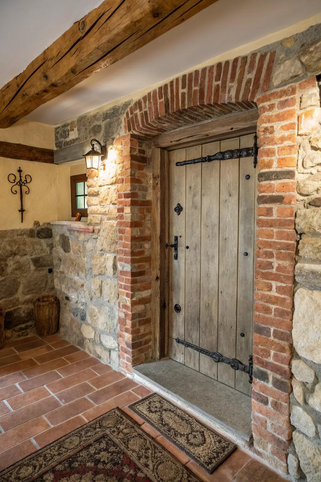 A countryside entryway casing complemented through rock and brickwork aspects for supplementary allure.