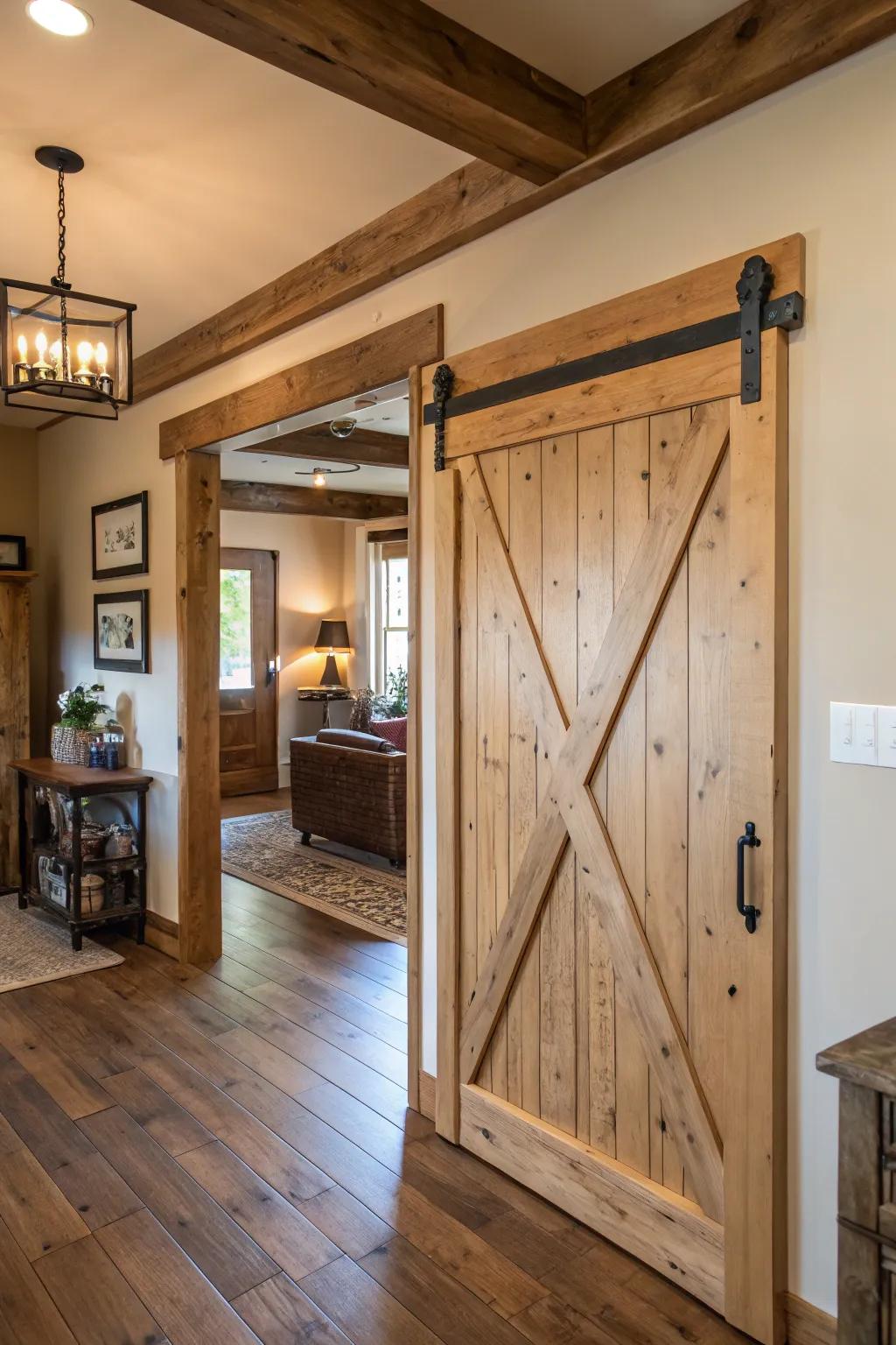 A farmstead fashion entryway casing exhibiting charming cross-bracing specifics.