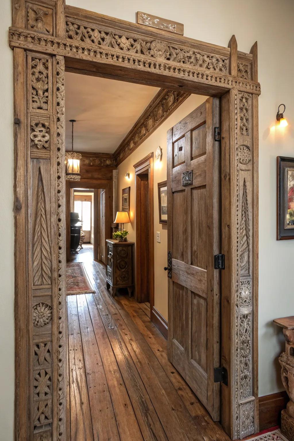 A countryside-inspired entryway constructed from salvaged lumber, radiating retro magnetism.