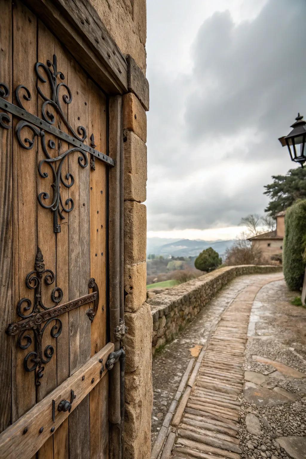 Countryside ironmongery adorns an entryway casing, contributing authenticity and panache.