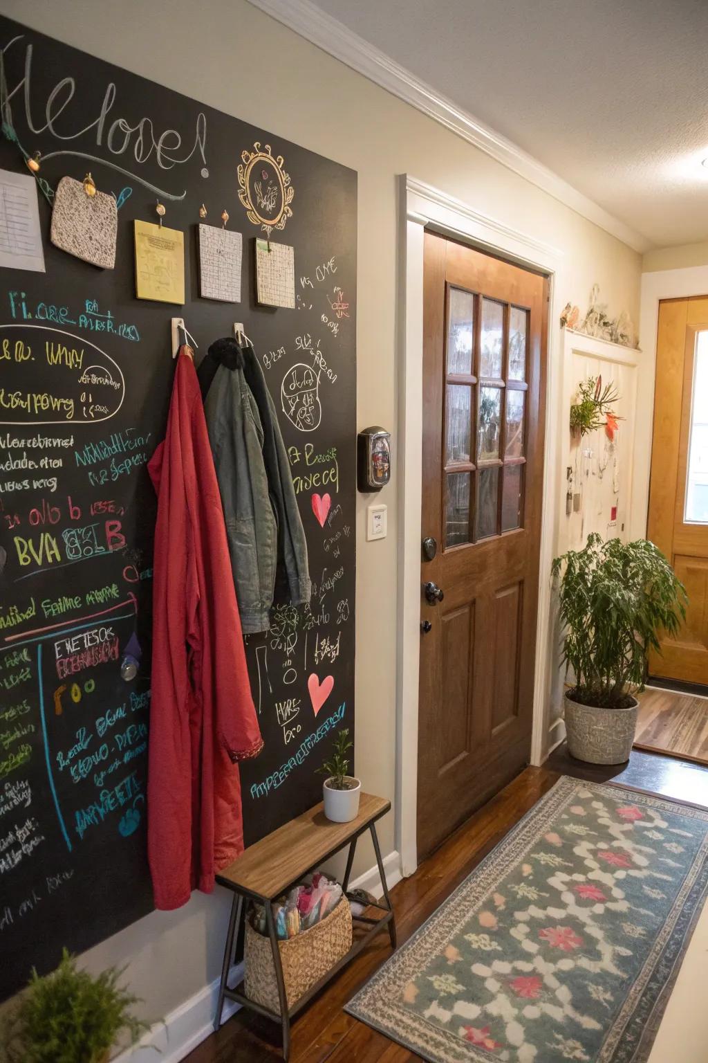 A chalkboard wall adds functionality and creativity to your entryway.