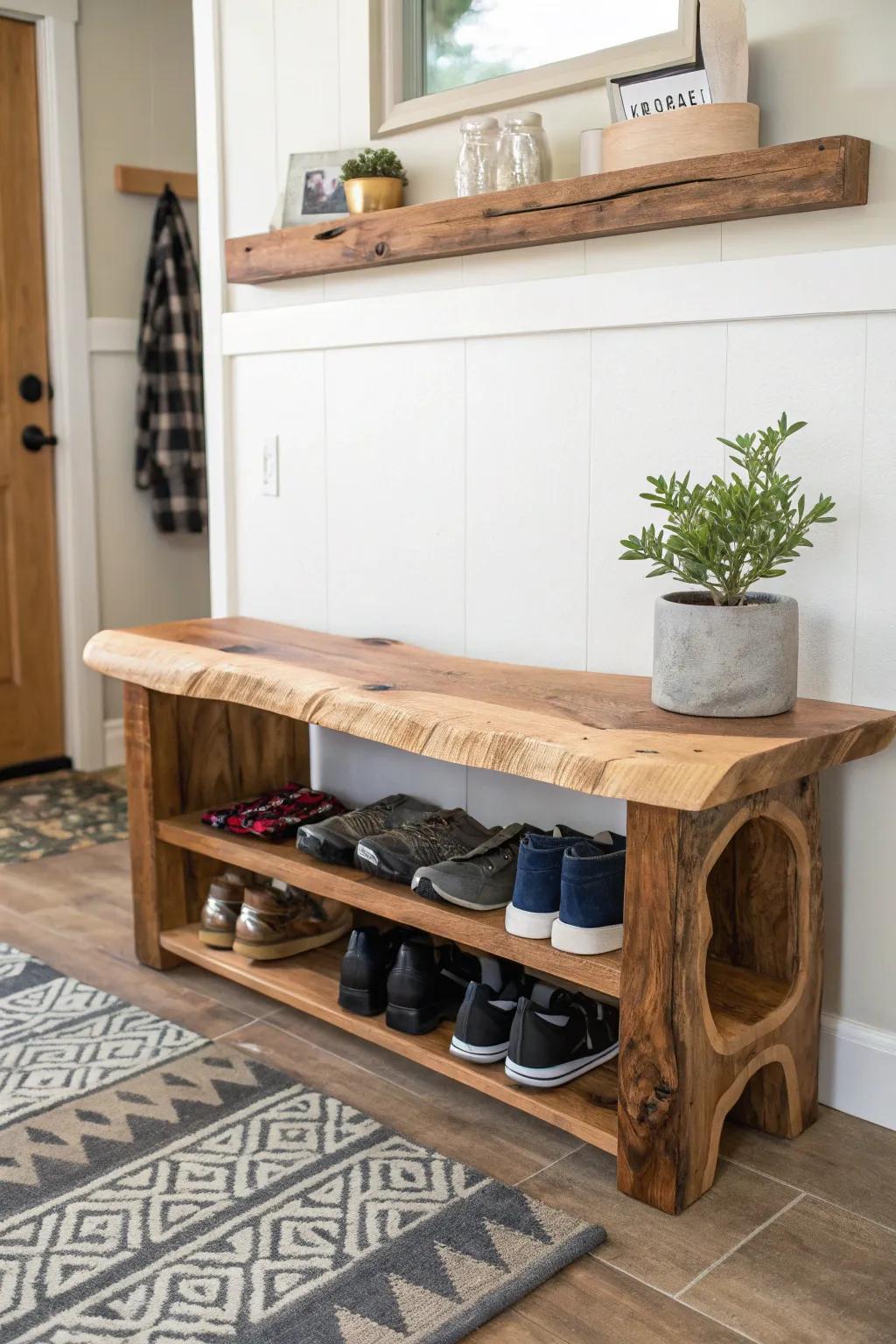 A bench offers both seating and hidden storage.