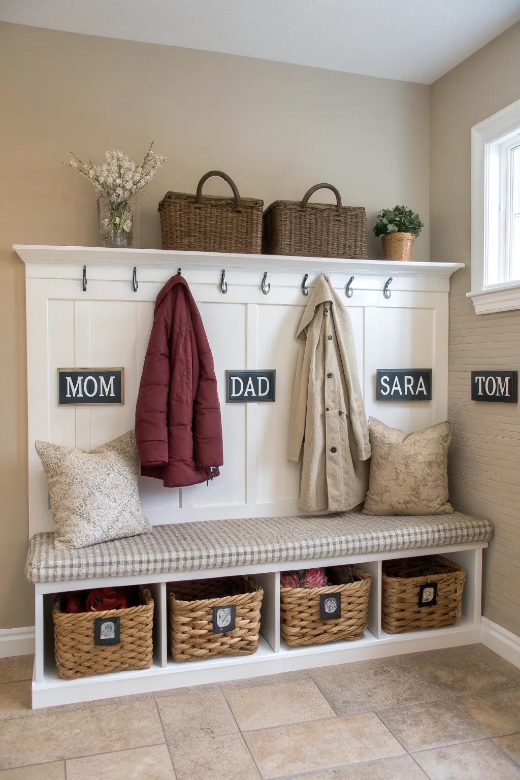 Baskets neatly store personal items and reduce clutter.