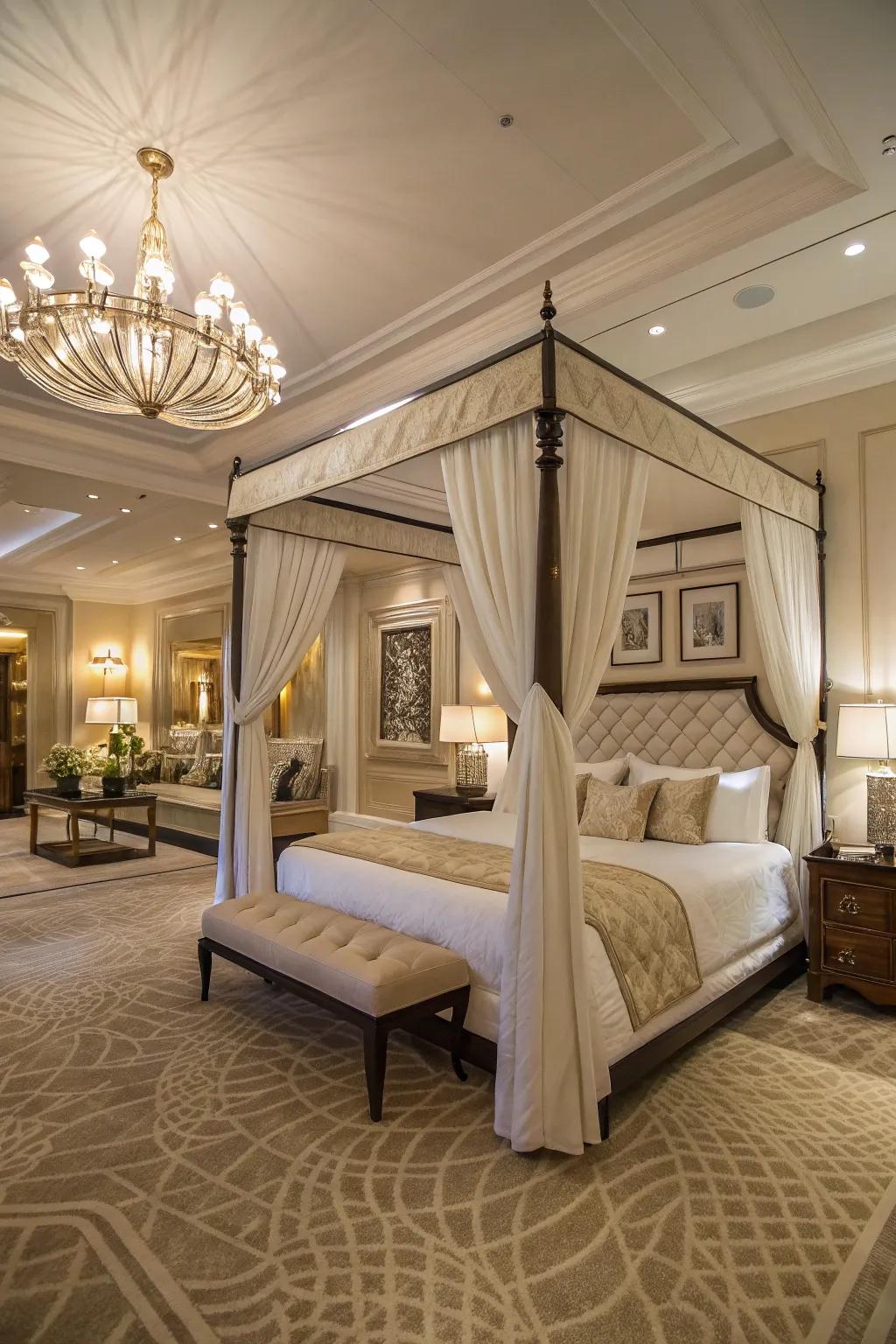 A grand canopy bed makes a statement in this expansive master bedroom.