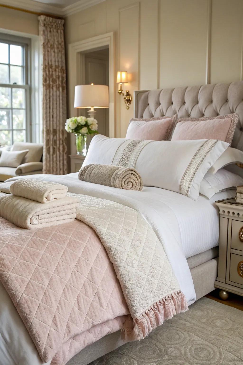 Sumptuous bedding adds comfort and beauty to the bedroom.