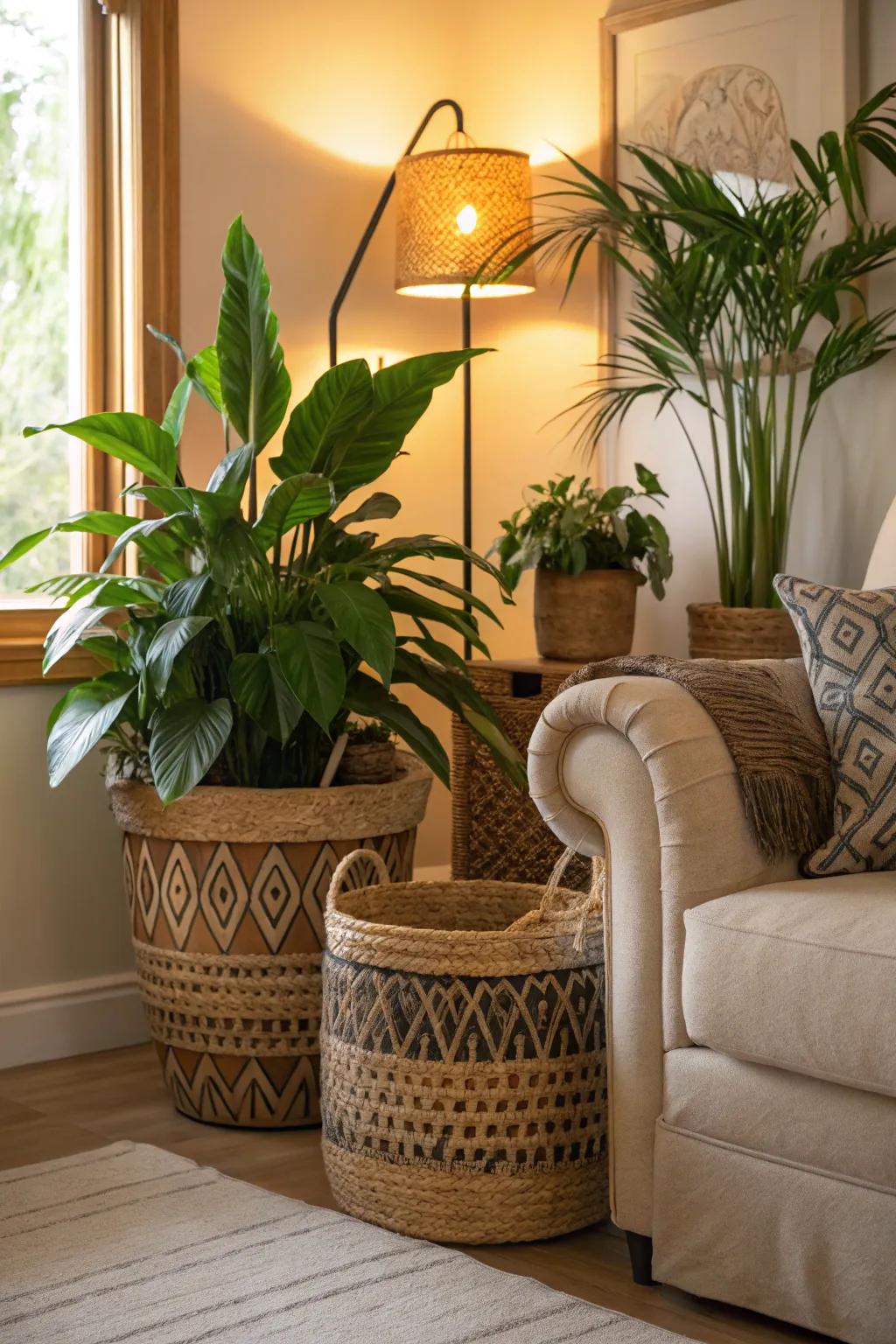 Enhance your home's charm with plants in baskets.
