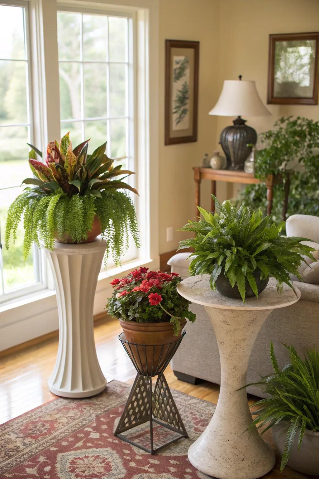 Introduce height and interest with sculptural greenery stands.